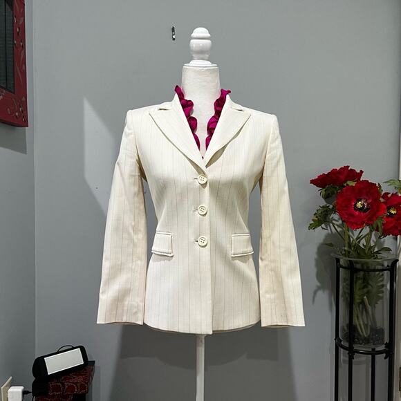Tahari Tailored Wool Classic Pinstripe Longline Career Fringe Suit Blazer Jacket - Picture 1 of 13